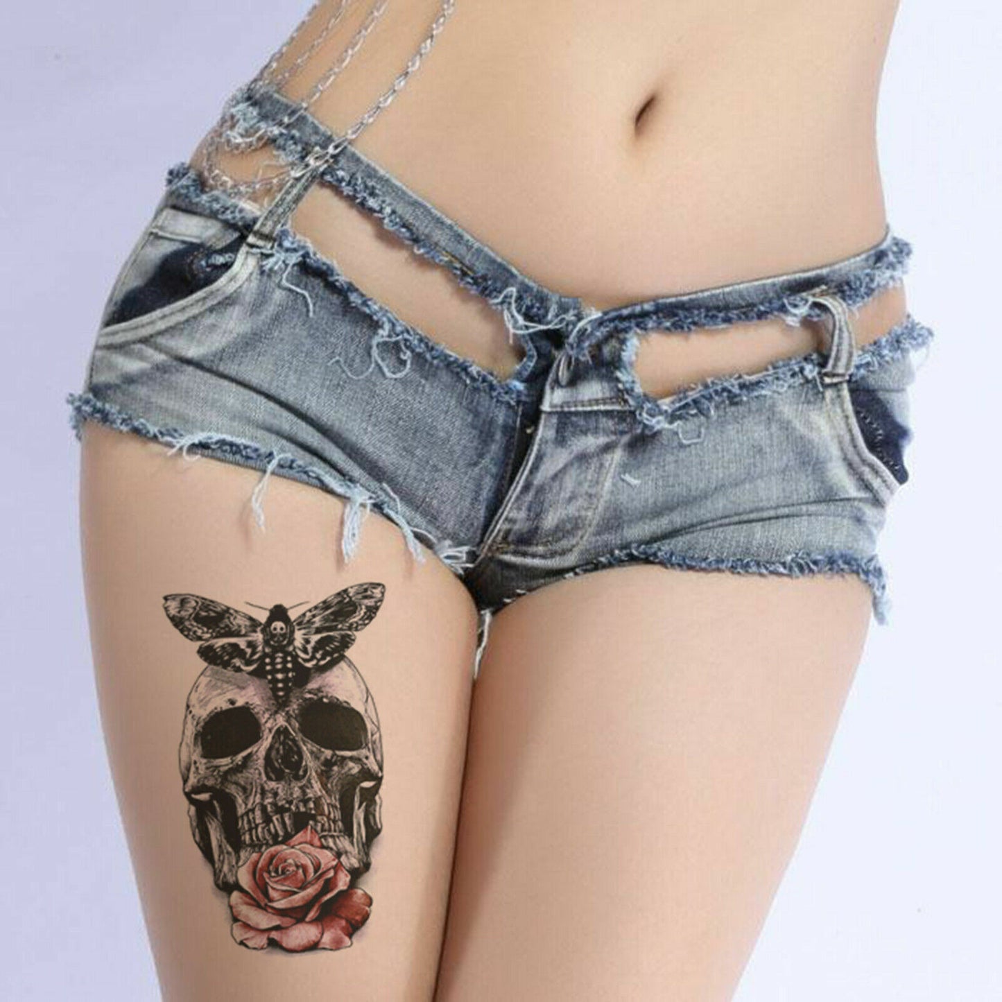 REALISTIC Skull with Rose Moth Temporary Tattoos Sleeve Women Mens Fake Sticker