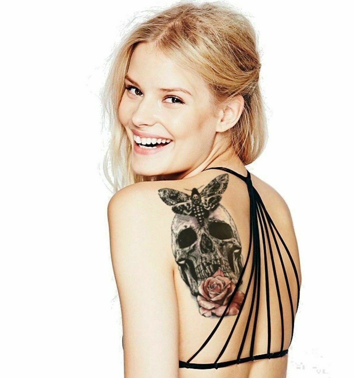 REALISTIC Skull with Rose Moth Temporary Tattoos Sleeve Women Mens Fake Sticker