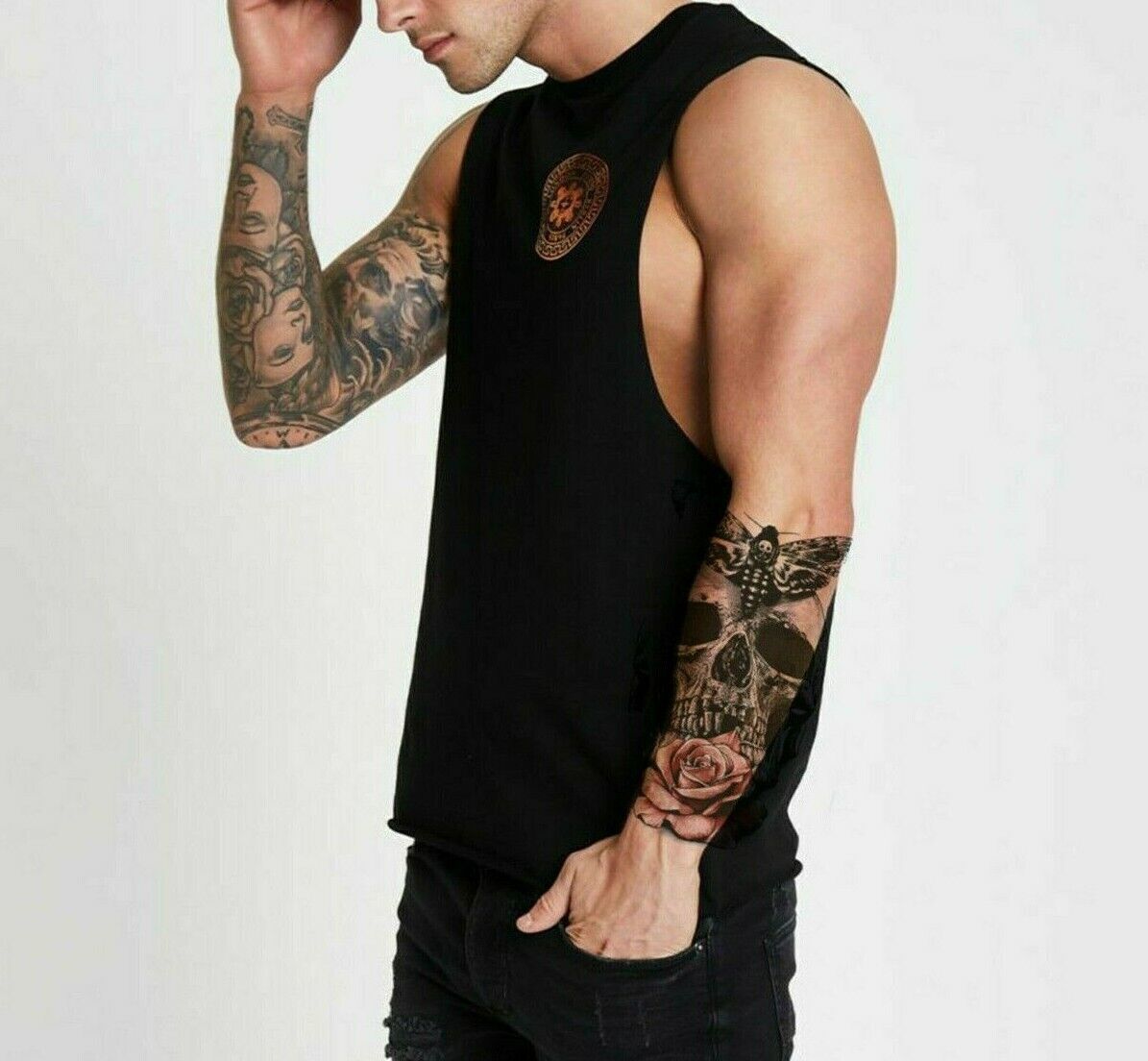 REALISTIC Skull with Rose Moth Temporary Tattoos Sleeve Women Mens Fake Sticker
