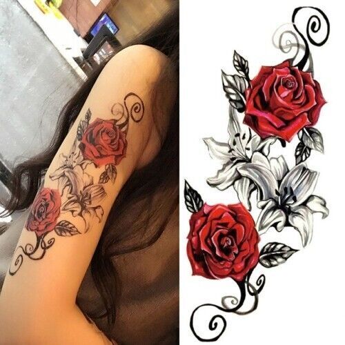 Red Roses Flowers Womens Temporary Tattoos Waterproof Fake Mens Tattoo Arm Rose