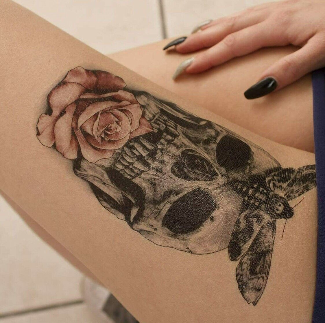 REALISTIC Skull with Rose Moth Temporary Tattoos Sleeve Women Mens Fake Sticker
