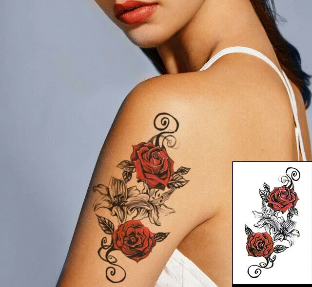Red Roses Flowers Womens Temporary Tattoos Waterproof Fake Mens Tattoo Arm Rose