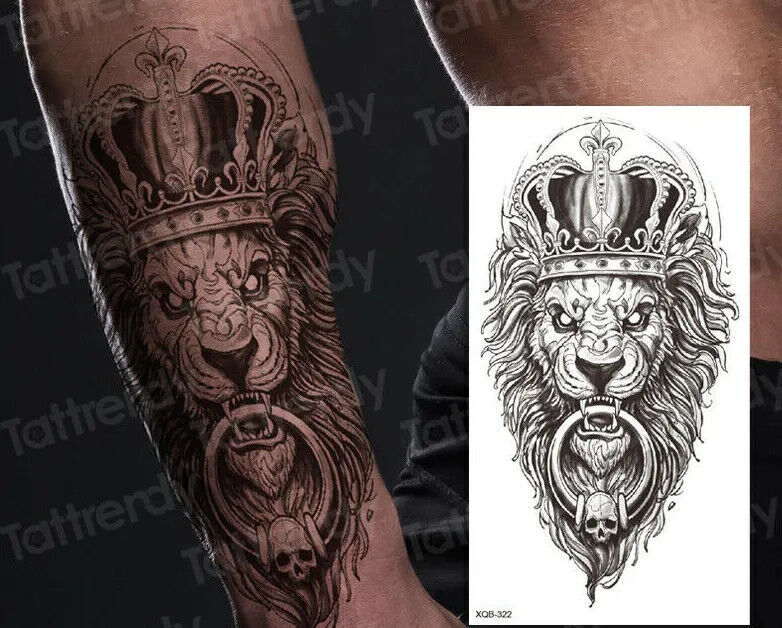 Lion Lions Temporary Tattoo Waterproof Fake Sticker Womens Mens Arm UK Crown Lions