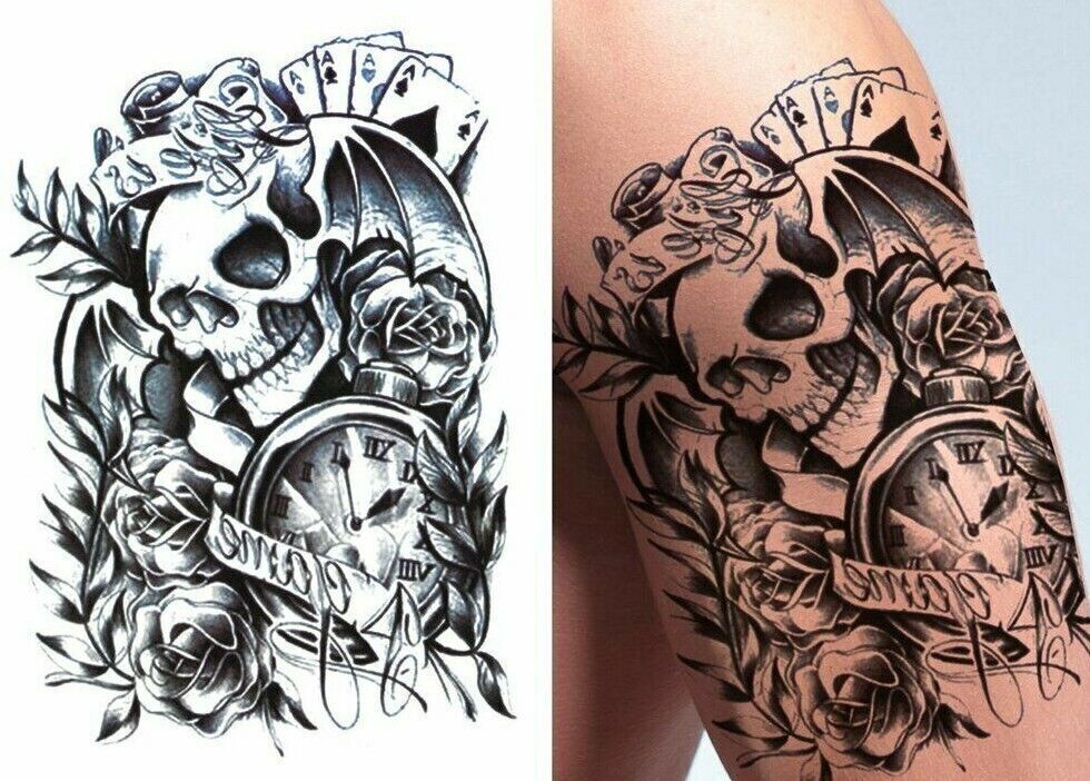 Skull Roses Mens Womens Temporary Tattoo Sleeve Sticker Fake Tattoos Waterproof
