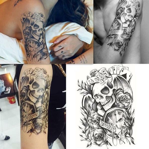 Skull Roses Mens Womens Temporary Tattoo Sleeve Sticker Fake Tattoos Waterproof