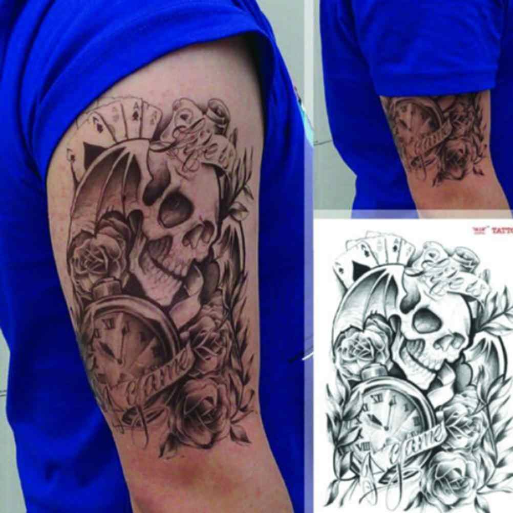 Skull Roses Mens Womens Temporary Tattoo Sleeve Sticker Fake Tattoos Waterproof