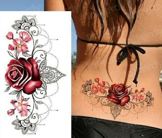 Chest Underboob Temporary Tattoo Red Rose Womens Waterproof Tattoos Leg Back