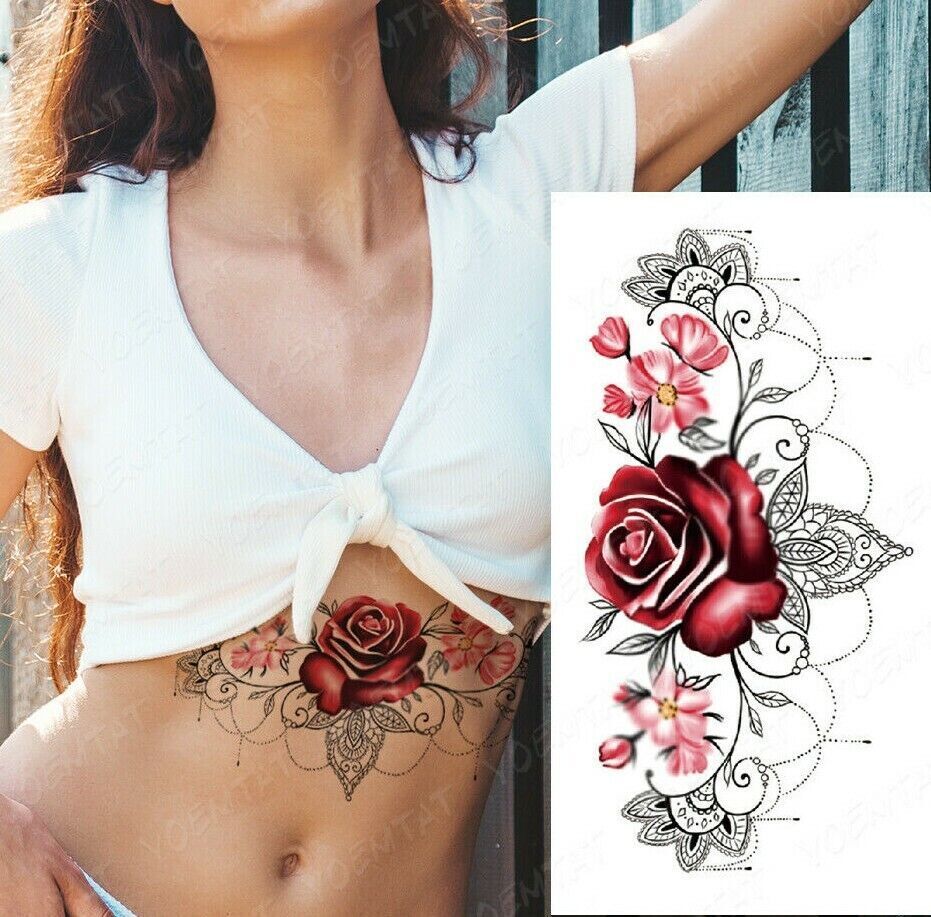 Chest Underboob Temporary Tattoo Red Rose Womens Waterproof Tattoos Leg Back