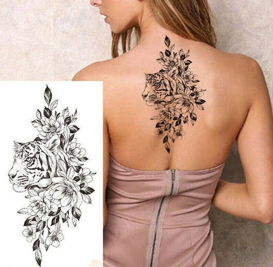Tiger Flowers Womens Temporary Tattoo Fake Girls Arm Leg Back Waterproof Tattoos