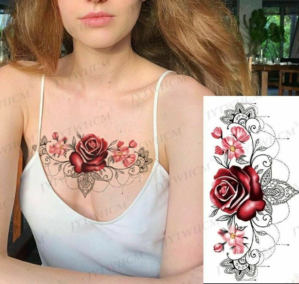 Chest Underboob Temporary Tattoo Red Rose Womens Waterproof Tattoos Leg Back