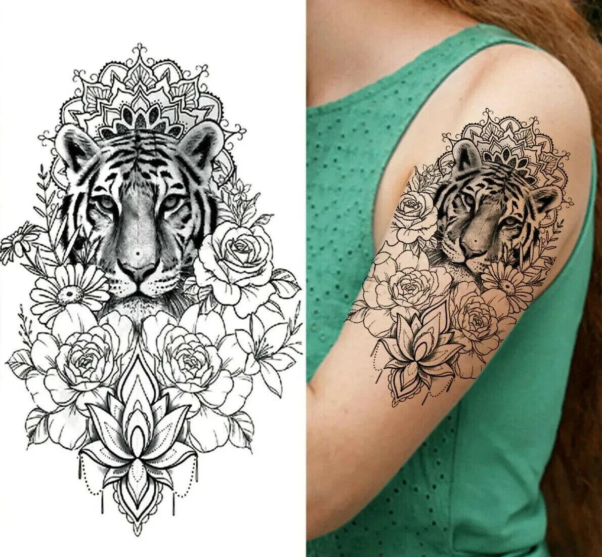 Tiger Flowers Temporary Tattoo Womens Tattoos Arm Leg Thigh Sleeve Fake Sticker