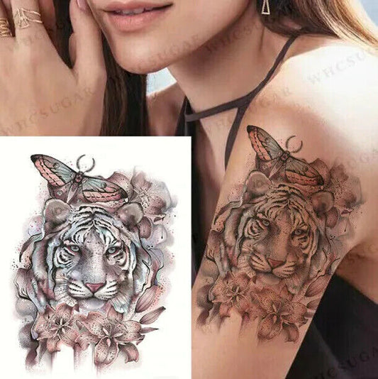 Tiger Butterfly Flowers Temporary Tattoo Fake Sticker Women Arm Leg Thigh Sleeve