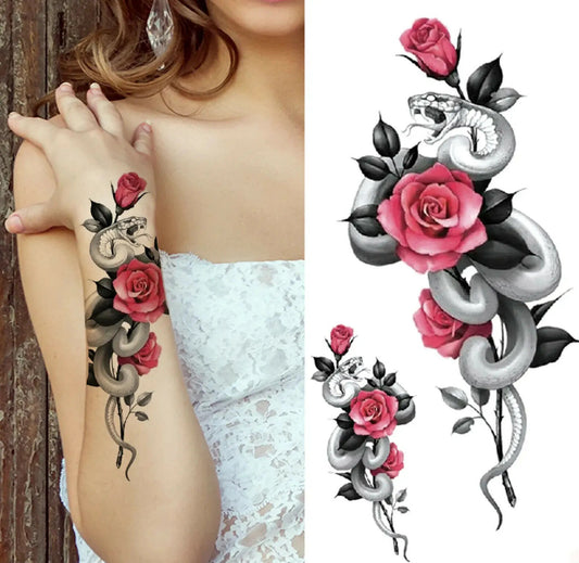 Snake Red Roses Temporary Tattoo Arm Leg Thigh Girls Womens Waterproof Tattoos