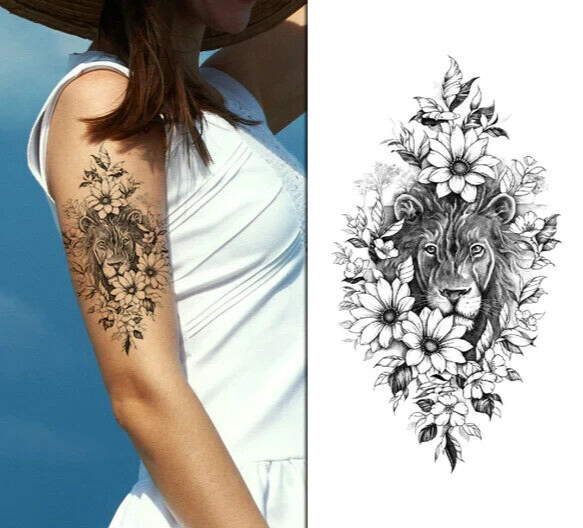 Lion Lioness in Flowers Temporary Tattoo Fake Sticker Women Arm Leg Thigh Sleeve