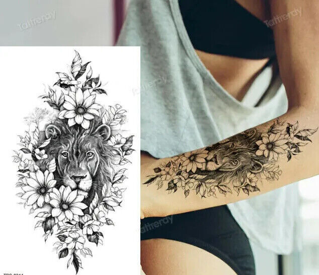 Lion Lioness in Flowers Temporary Tattoo Fake Sticker Women Arm Leg Thigh Sleeve
