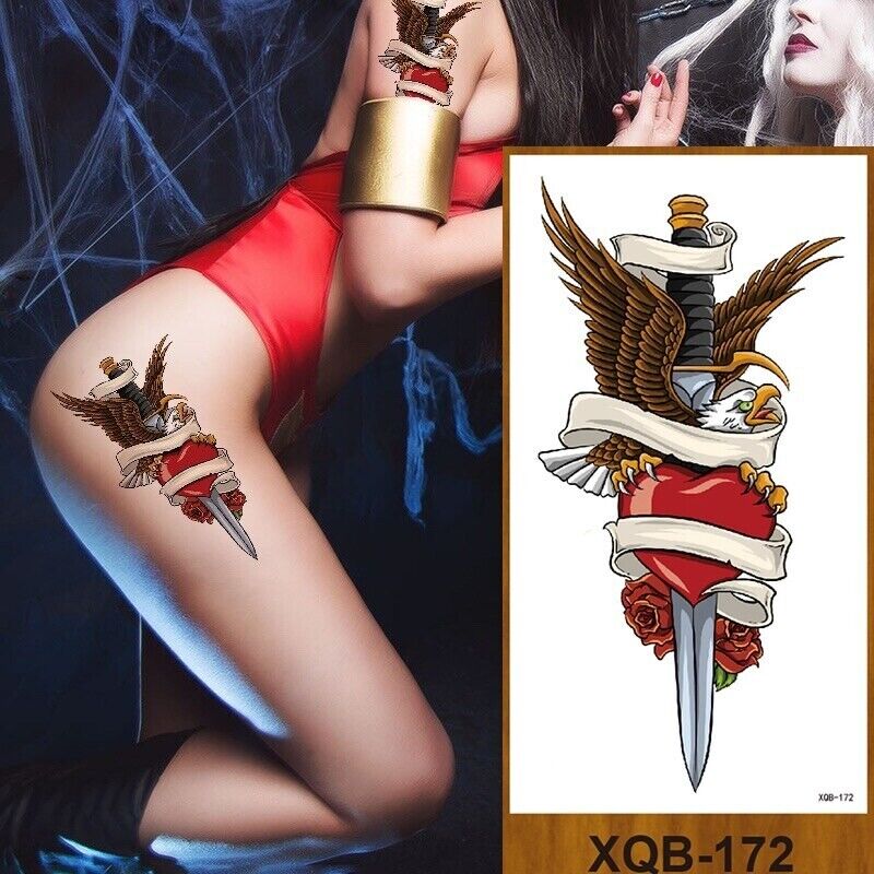 American Eagle Temporary Tattoo Knife Heart Red Rose Womens Fake Body Mens Arm