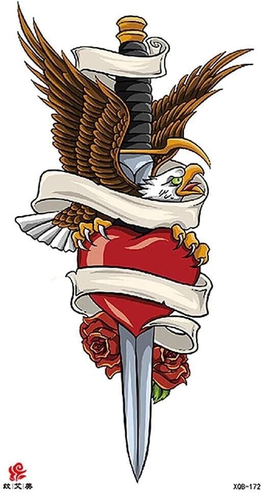 American Eagle Temporary Tattoo Knife Heart Red Rose Womens Fake Body Mens Arm