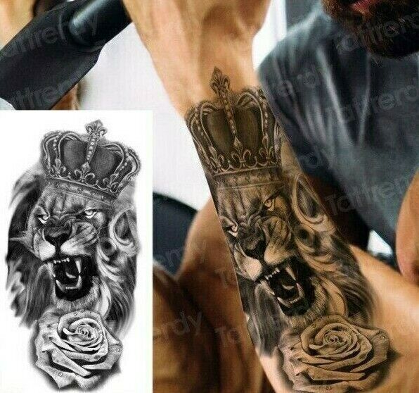 King Lion & Rose Sleeve Temporary Tattoo Fake Sticker Arm Body Thigh Women Mens