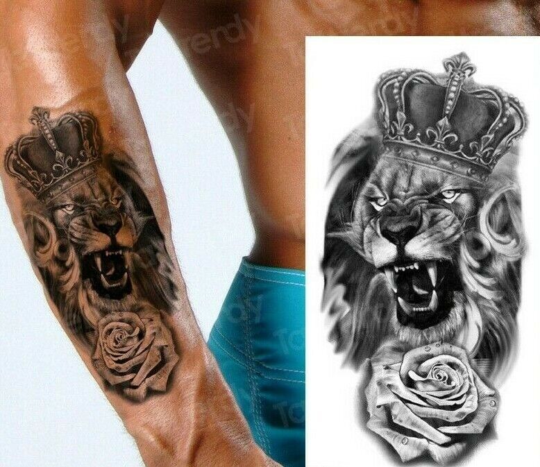 King Lion & Rose Sleeve Temporary Tattoo Fake Sticker Arm Body Thigh Women Mens