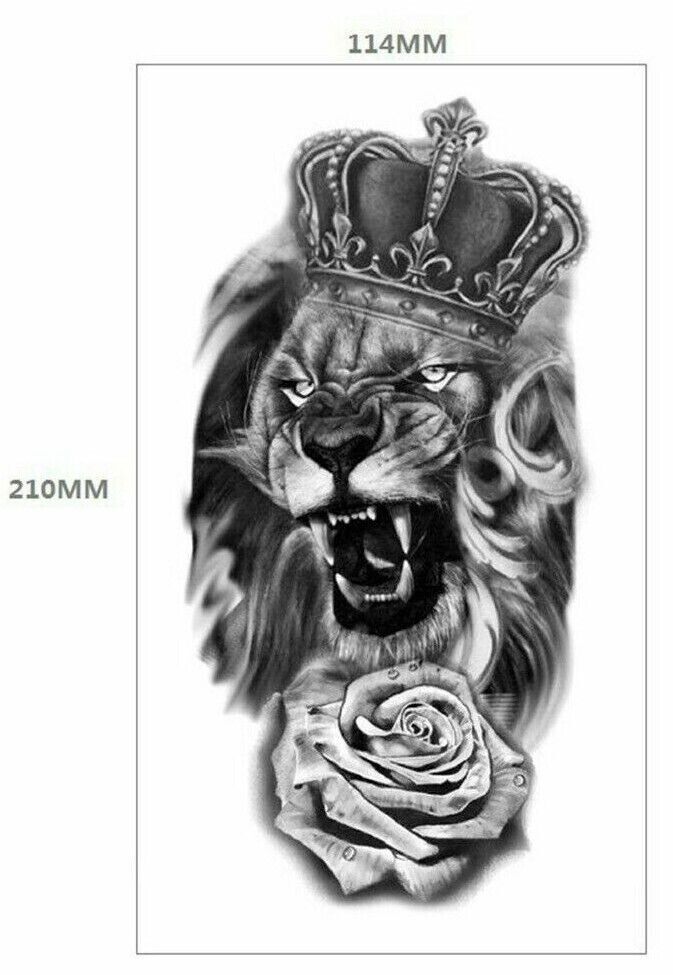 King Lion & Rose Sleeve Temporary Tattoo Fake Sticker Arm Body Thigh Women Mens