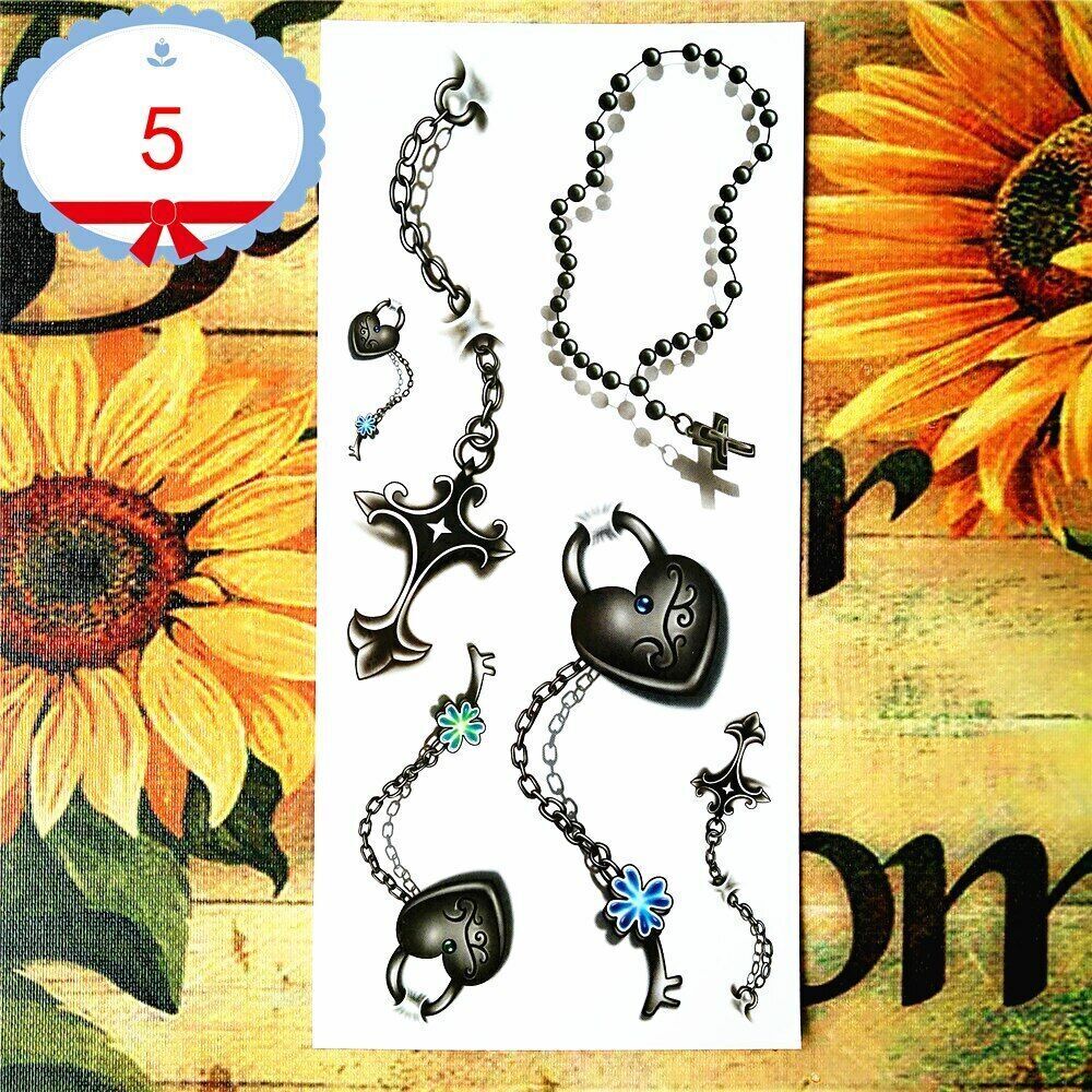 Love Heart Cross, Rosary Beads Lock & Key Temporary Tattoos Women Fake Sticker