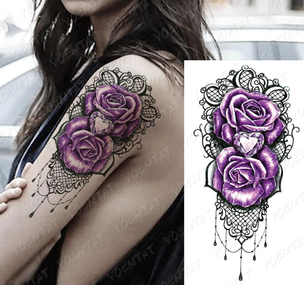 Purple Roses Temporary Tattoo Waterproof Womens tattoos Fake Body Thigh Back