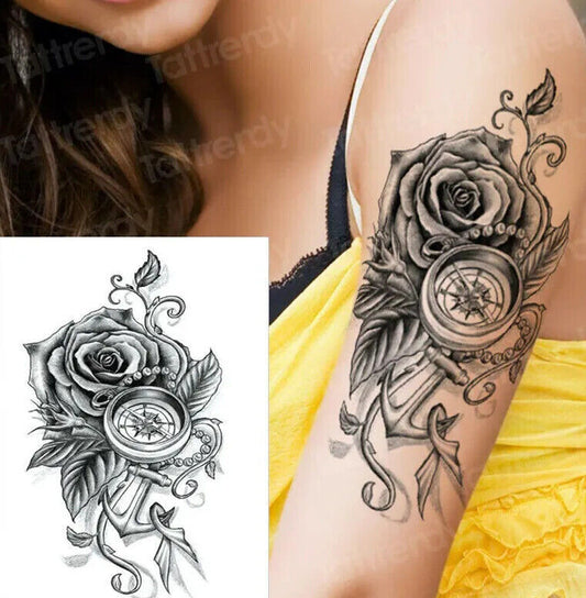 Rose Compass Flower Anchor Temporary Tattoo Transfer Nautical Women Arm Leg Mens