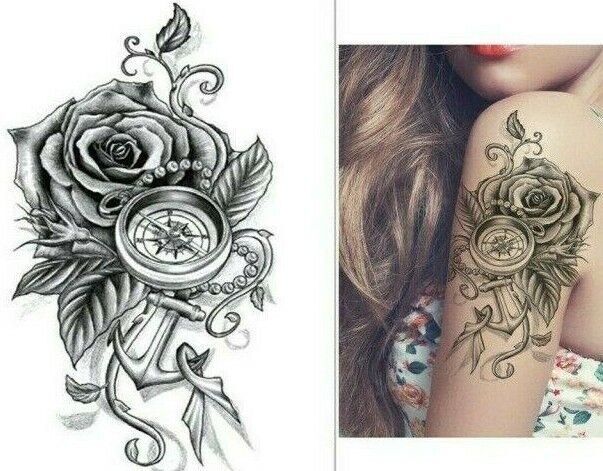 Rose Compass Flower Anchor Temporary Tattoo Transfer Nautical Women Arm Leg Mens