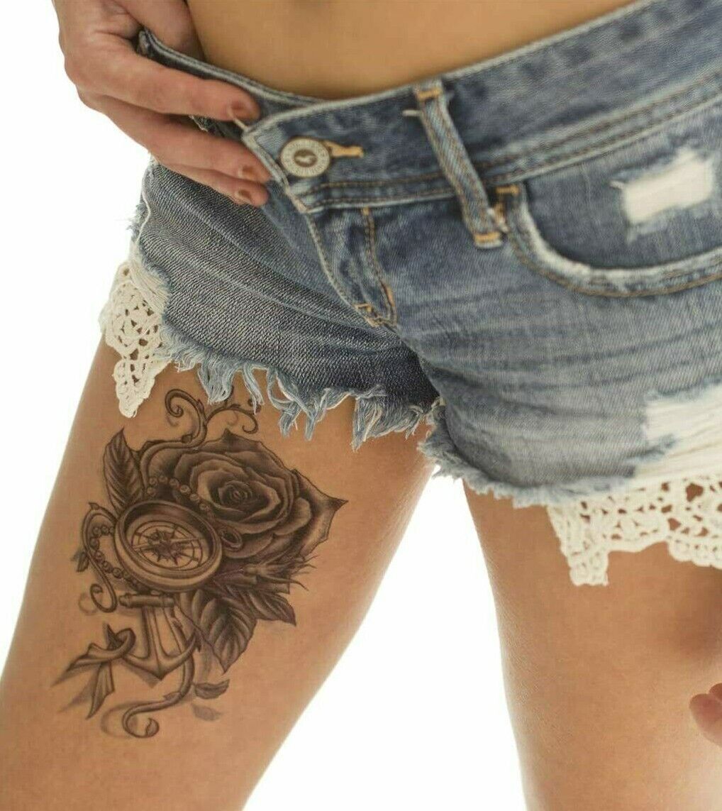Rose Compass Flower Anchor Temporary Tattoo Transfer Nautical Women Arm Leg Mens