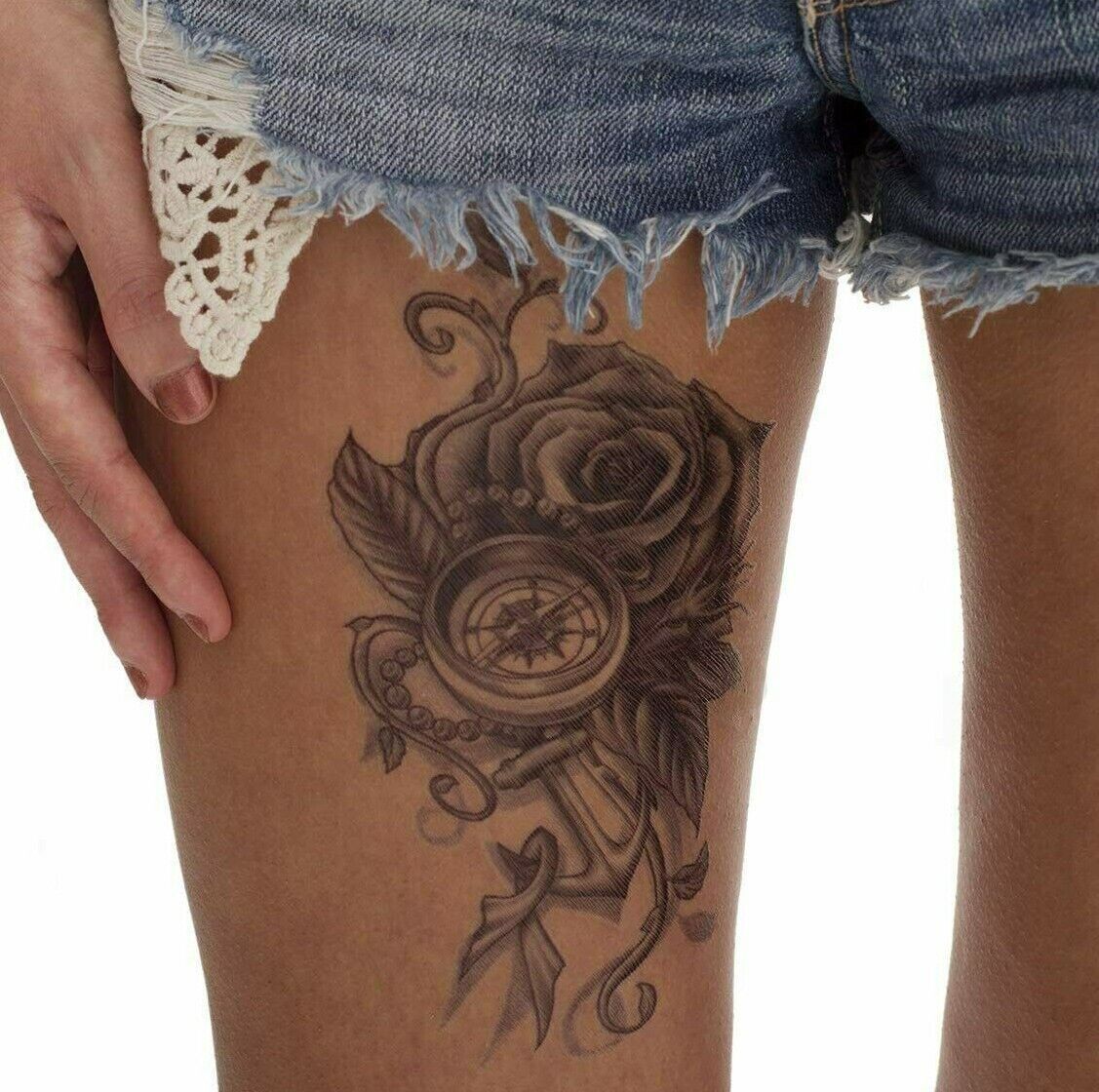 Rose Compass Flower Anchor Temporary Tattoo Transfer Nautical Women Arm Leg Mens