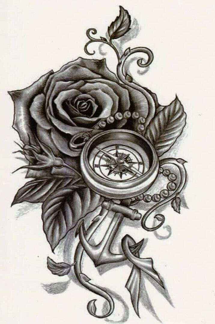 Rose Compass Flower Anchor Temporary Tattoo Transfer Nautical Women Arm Leg Mens