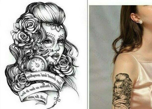 Womens Temporary Tattoo Time Doesnt Heal Death Sleeve Arm Body women tattoos