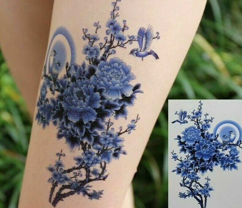Birds Flowers Temporary Tattoos Blue Oriental Womens Fake Sticker Arm