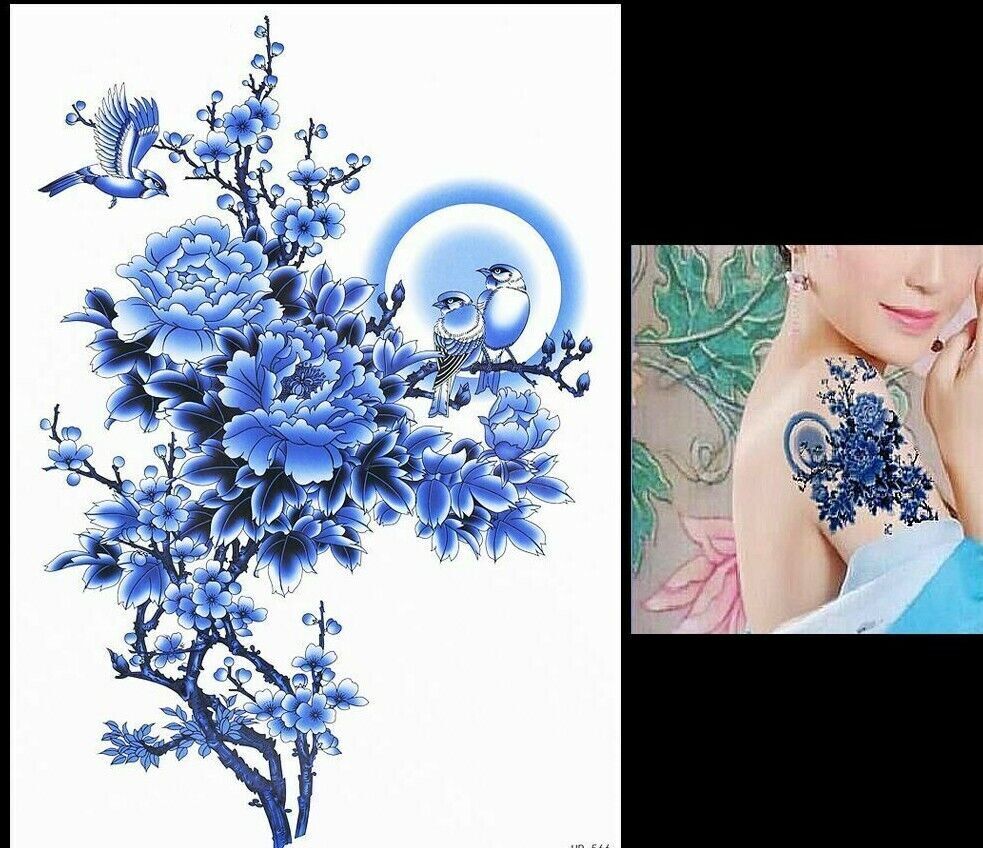 Birds Flowers Temporary Tattoos Blue Oriental Womens Fake Sticker Arm