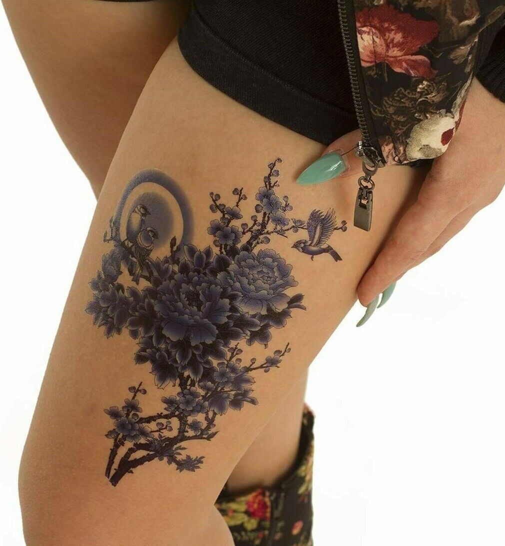 Birds Flowers Temporary Tattoos Blue Oriental Womens Fake Sticker Arm