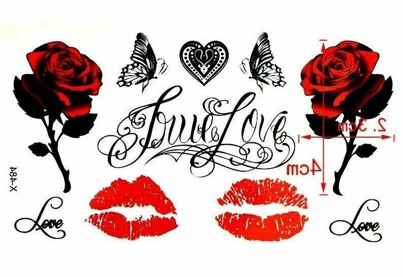 Love Red Lipstick Kisses Roses Butterflies Heart Temporary Tattoos Fake Women UK