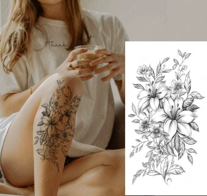 Lily Flowers Womens Temporary Tattoo Fake Waterproof Leg Thigh Chest Back Arm