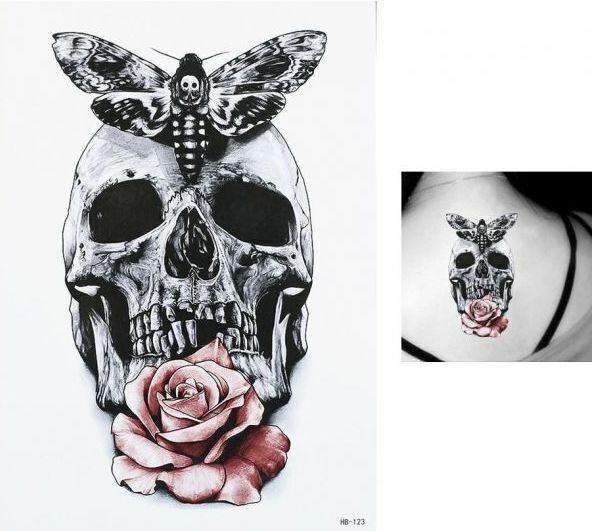 Moth Skull Rose Temporary Tattoos Sleeve Women Mens Fake waterproof tattoo