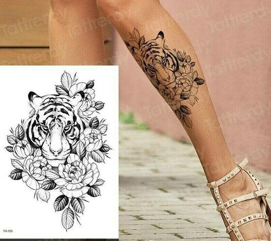 Tiger Flowers Womens Temporary Tattoos Sticker Fake Arm Leg Tattoo Thigh Body UK