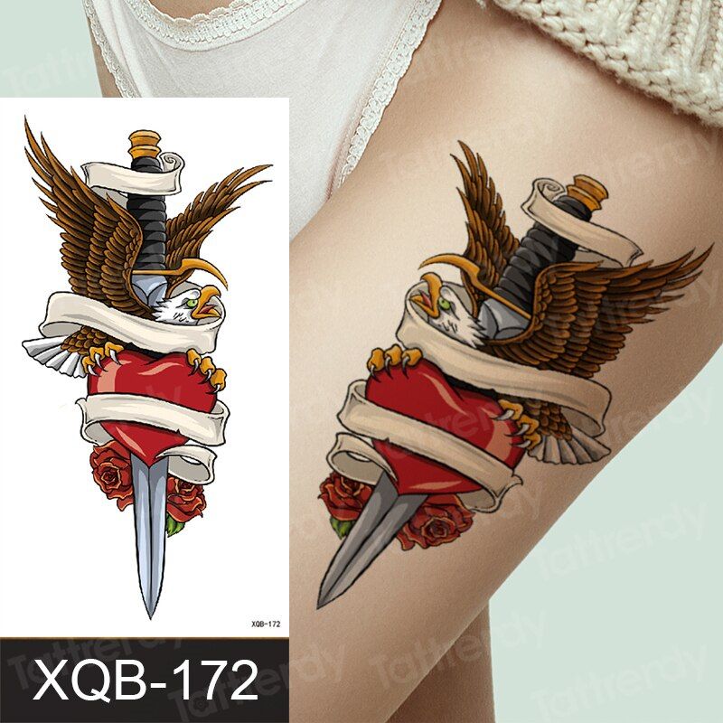 American Eagle Temporary Tattoo Knife Heart Red Rose Womens Fake Body Mens Arm