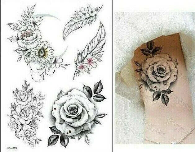 Roses Flowers Feathers Temporary Tattoos Womens Tattoo Fake Waterproof Sticker