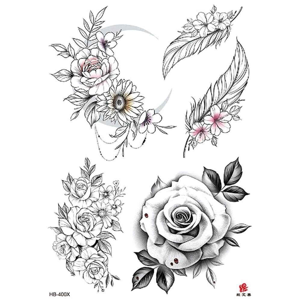 Roses Flowers Feathers Temporary Tattoos Womens Tattoo Fake Waterproof Sticker