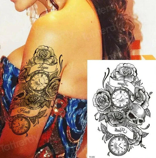 Sexy Roses Skulls Watch Temporary Tattoos Sticker Womens Fake Arm Sleeve Leg