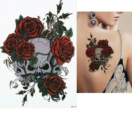Red Roses Skull Womens Temporary Tattoo Sleeve Fake Sticker Tattoos Arm Body