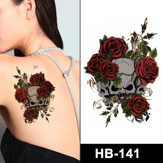 Red Roses Skull Temporary Tattoo Sleeve Fake Sticker Tattoos Arm Body Womens Men