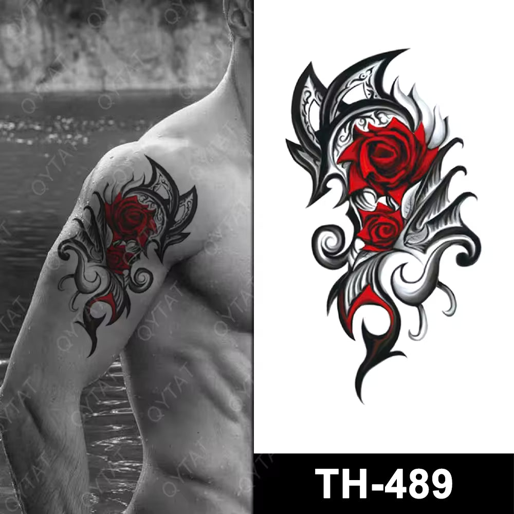 Red Rose Flower Half Arm Temporary Transfer Tattoo Sleeve Women Mens Tribal Leg