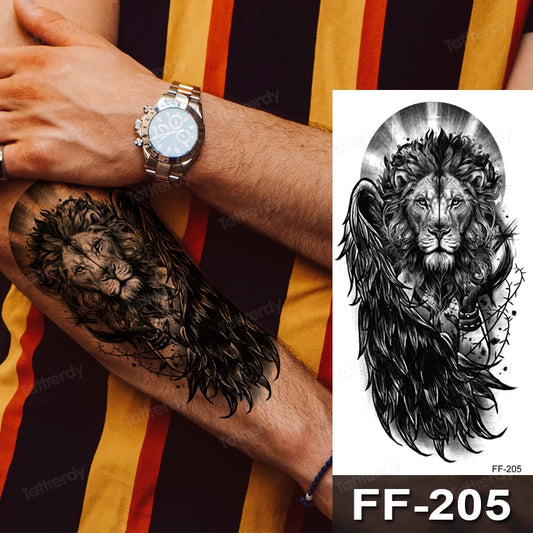 Lion Feathers Girl Wire Mens Womens Temporary Tattoo Fake Tattoos Waterproof