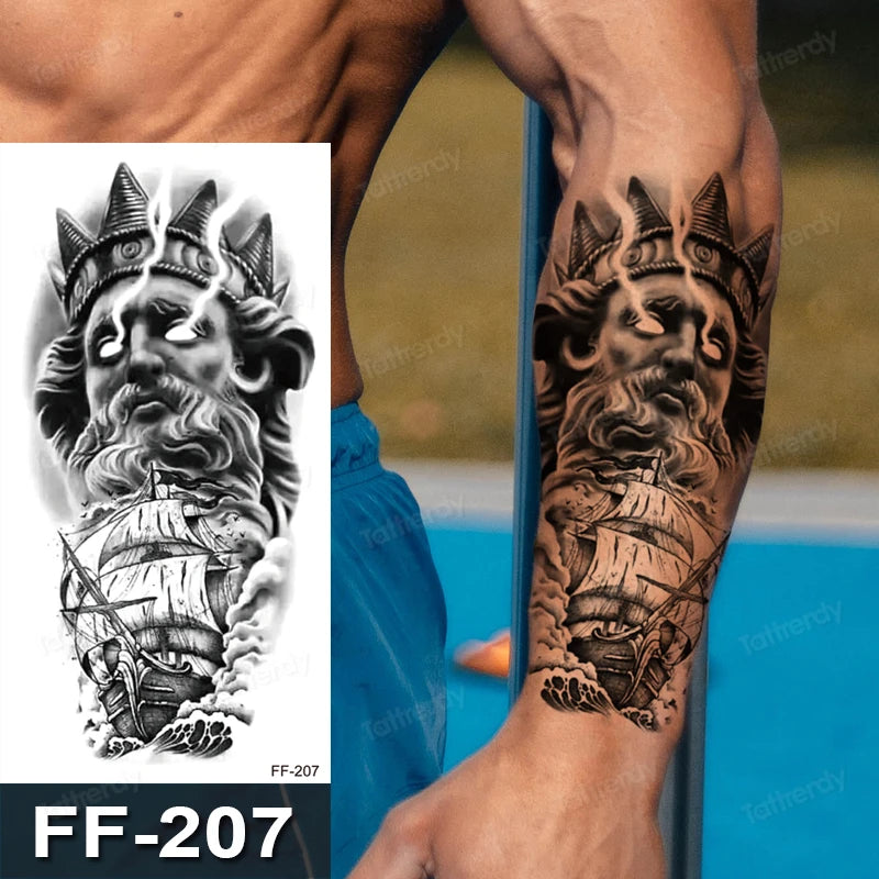 Greek God Temporary Tattoo Poseidon galleon Mens Womens Tattoos Waterproof