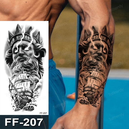 Greek God Temporary Tattoo Poseidon galleon Mens Womens Tattoos Waterproof