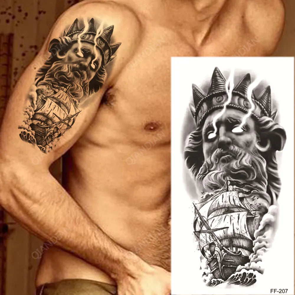 Greek God Temporary Tattoo Poseidon galleon Mens Womens Tattoos Waterproof